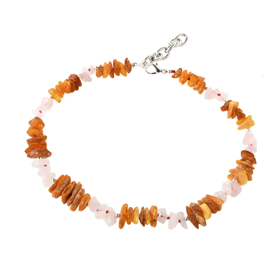 Amber dog necklace with Rose Quartz and silver pearls