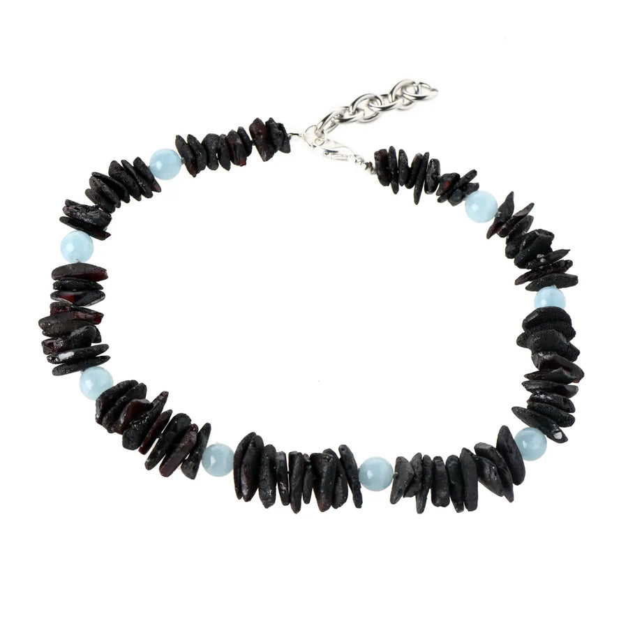 Dark Amber dog necklace with blue Aquamarine pearls