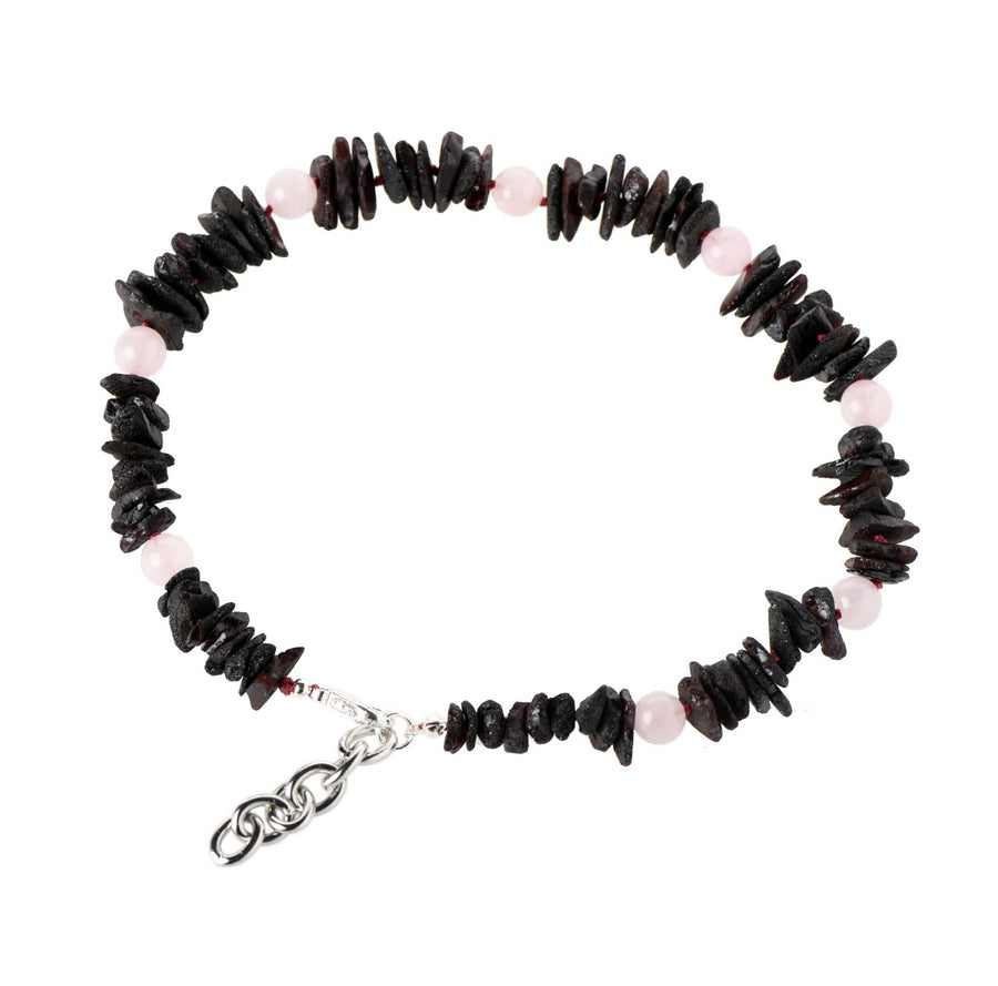 Dark amber dog necklace with Rose Quarz pearls