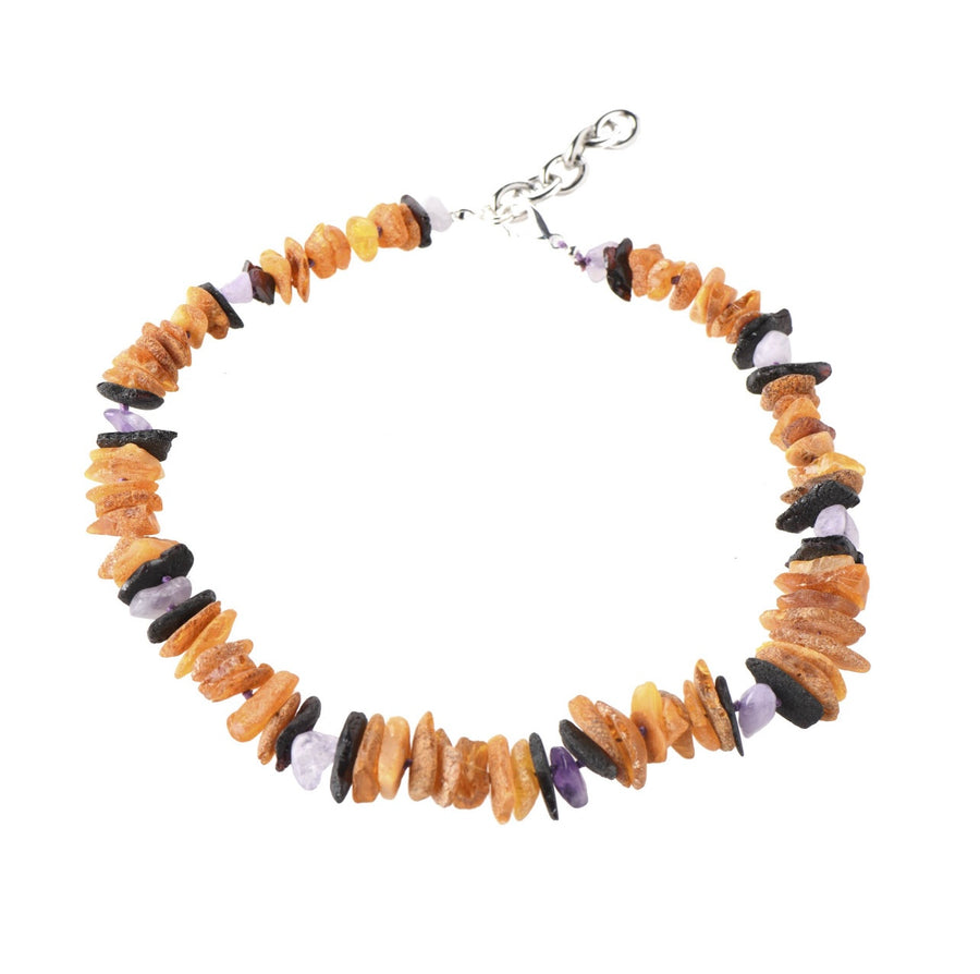 Light and dark coloured amber dog necklace with Amethyst